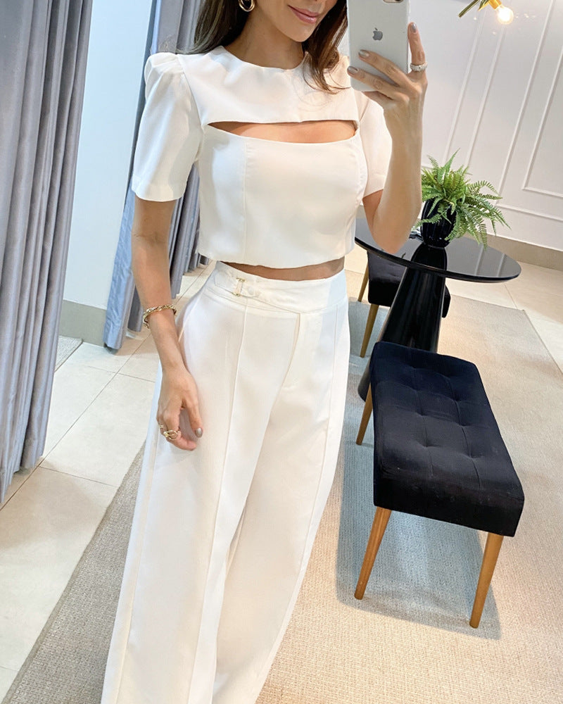 Women's White Short Sleeve Chest Hollow Out Top Suit
