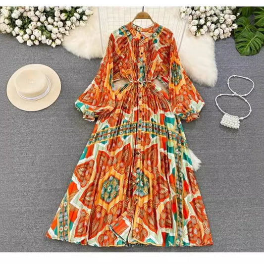 Light Luxury Temperament Lantern Long Sleeve Round Neck Waist Trimming Slimming Single-breasted Printed Dress