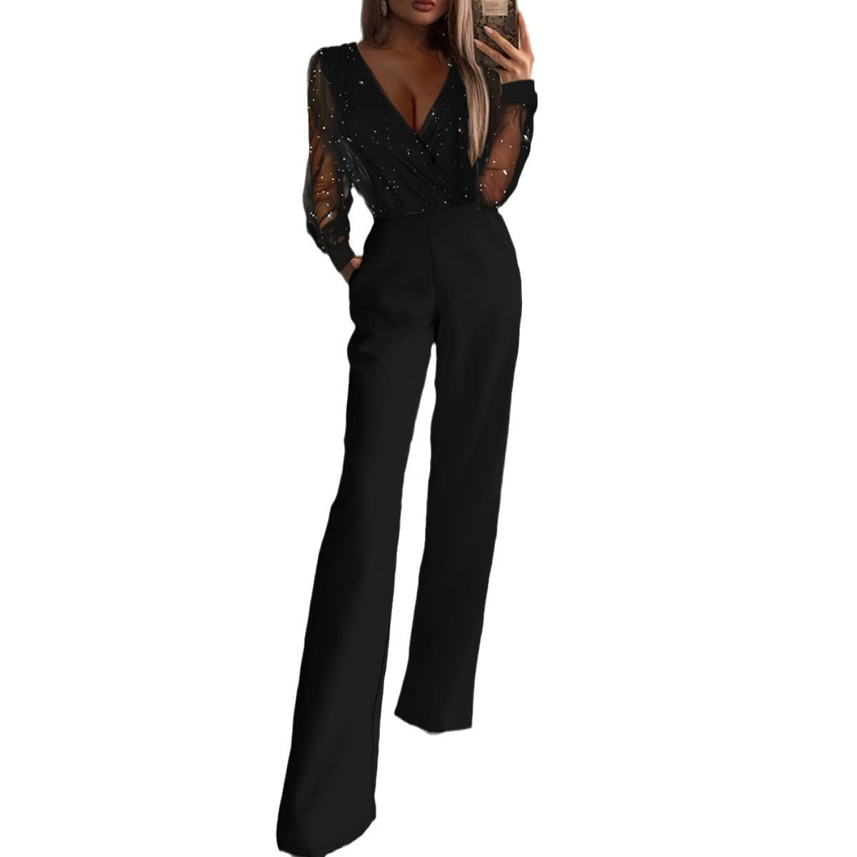 Fashion Slim-fit Solid Color V-neck Mesh Stitching High Waist Pocket Jumpsuit