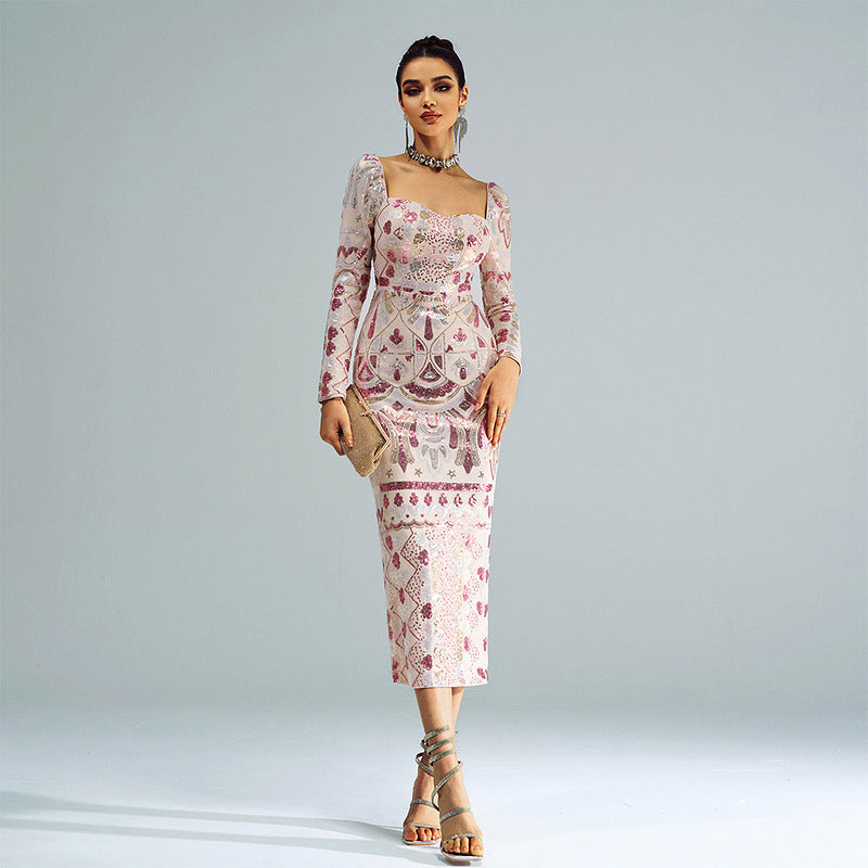 High-end Long Sleeve Temperament Square Collar Sexy Dress