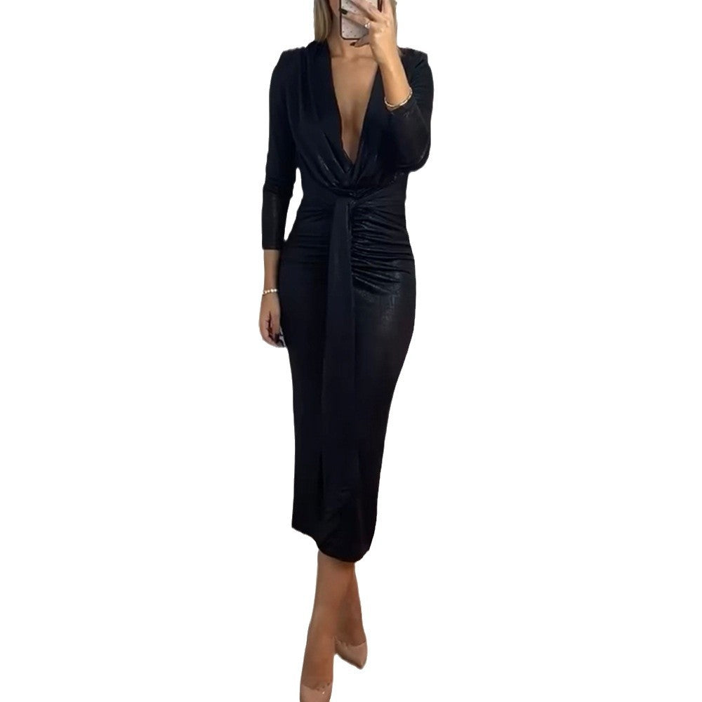 Women's Sexy V-neck Solid Color Bronzing Skinny Sheath Dress