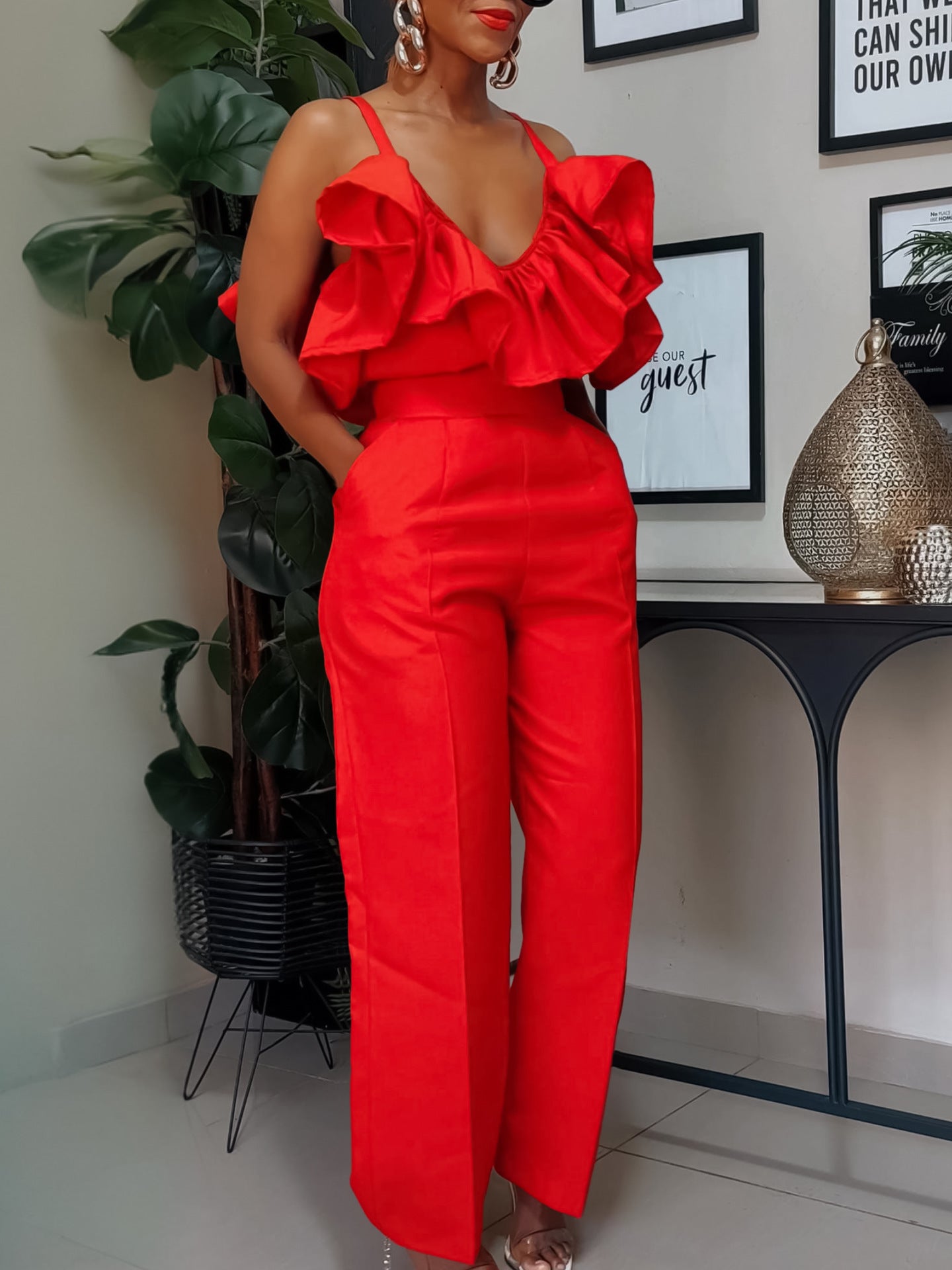 V-neck Flounce Sling Top High Waist Trousers Suit