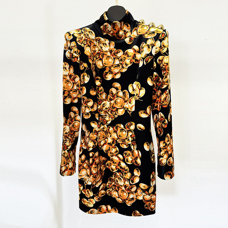 Personalized Grape Print Pleuche Long Sleeve Slim-fit Sheath Dress