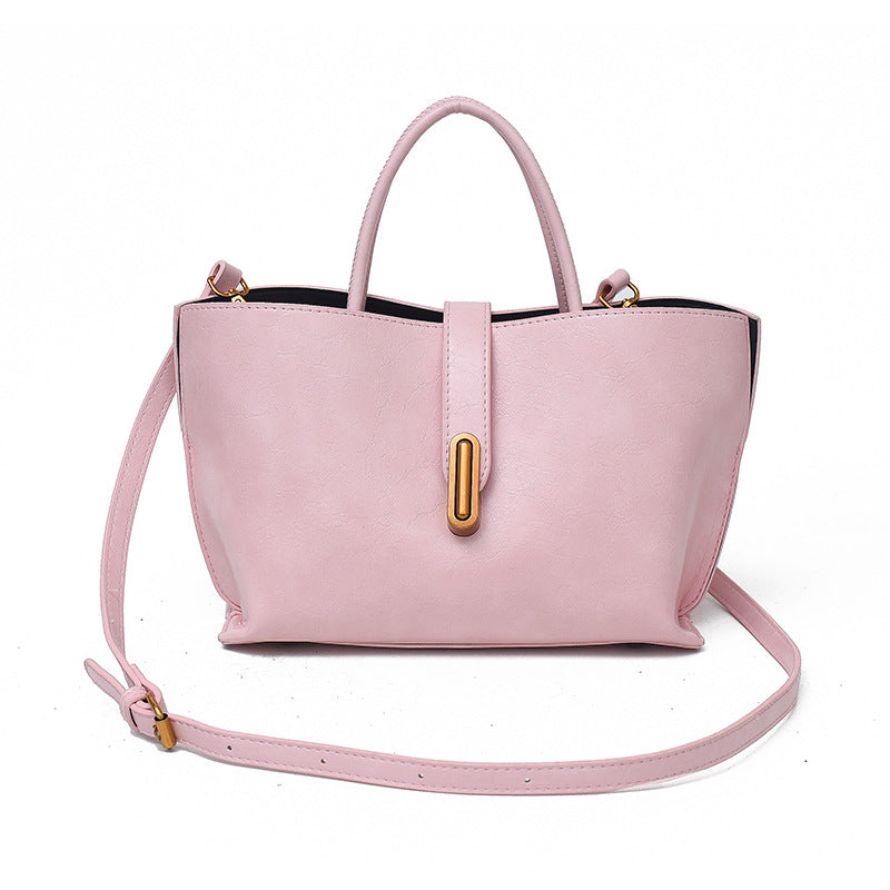 Simple Elegant Oil Wax Leather Portable Bucket Bag