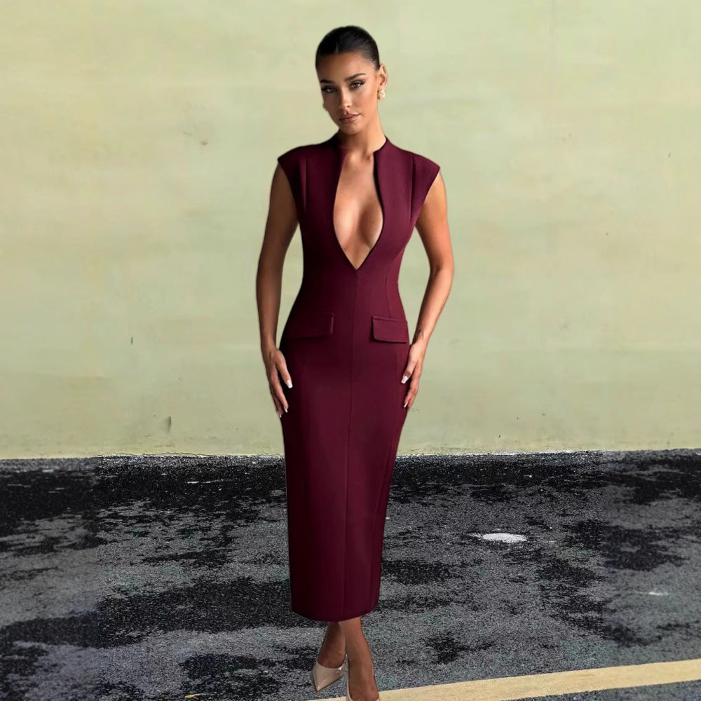 Spring Solid Color Intellectual Waist Dress