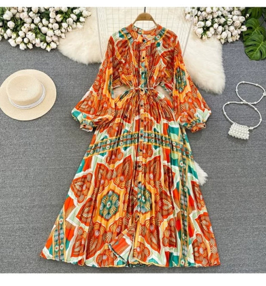 Light Luxury Temperament Lantern Long Sleeve Round Neck Waist Trimming Slimming Single-breasted Printed Dress