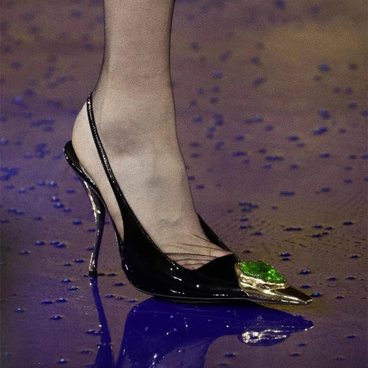 Gem Square Toe Stiletto Heel Hollow High Heel Shoes