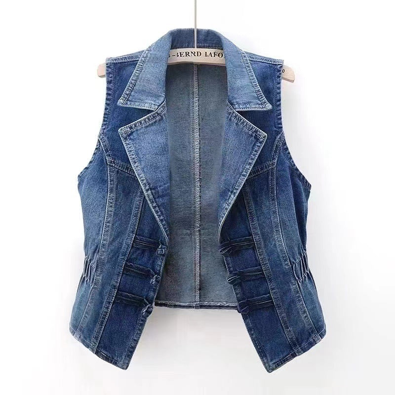 National Style Buckle Slim Suit Collar Denim Vest