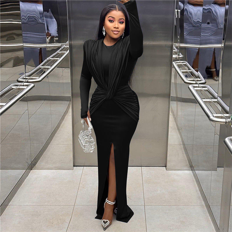 Round Neck Long Sleeve Slim Fit Slit Design Sense Dress