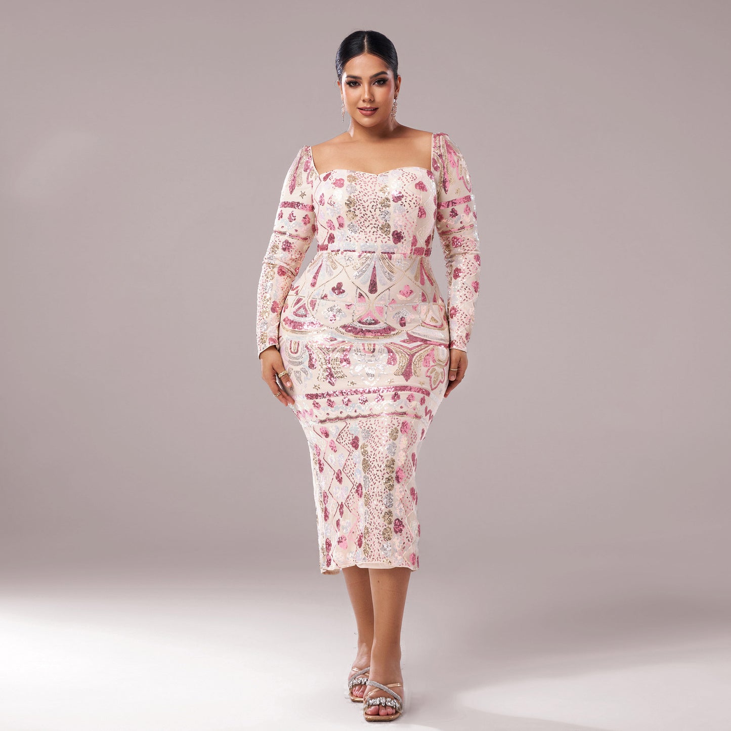 High-end Long Sleeve Temperament Square Collar Sexy Dress