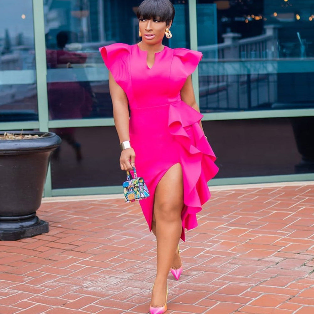 Solid Color Plus Size Slit Irregular Banquet European And American Dress Skirt