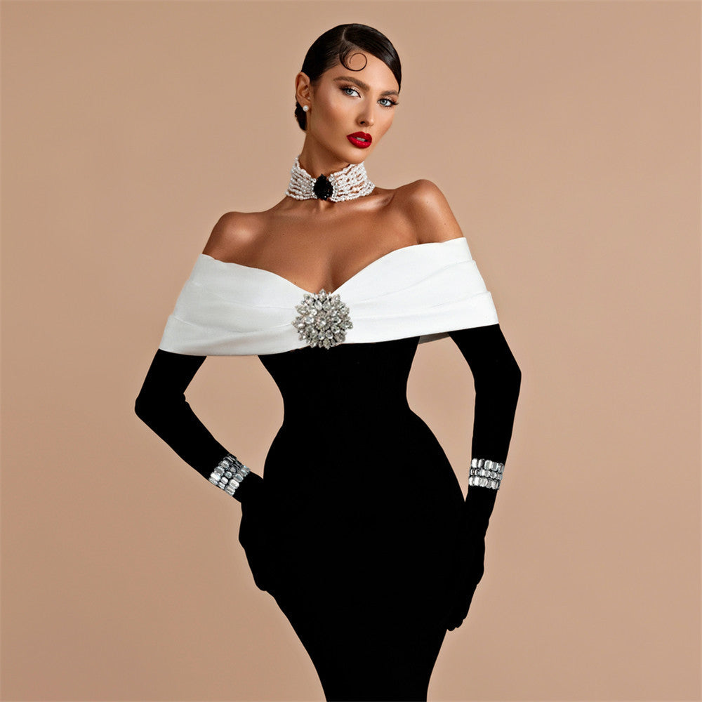 Elegant Contrast Color Heavy Industry Set Diamond Evening Dress Elegant Off-shoulder