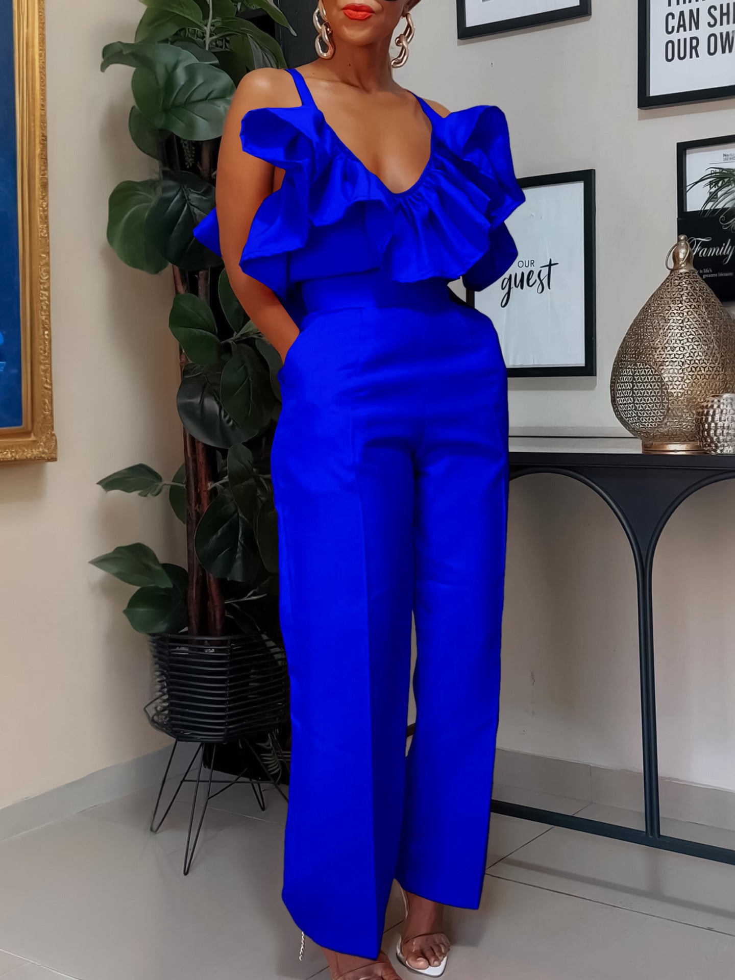 V-neck Flounce Sling Top High Waist Trousers Suit