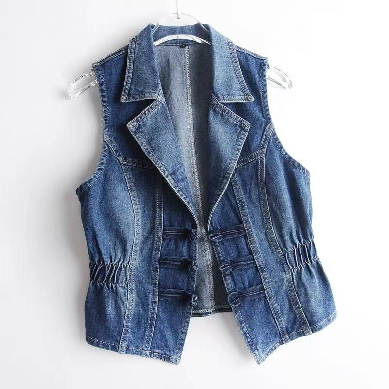 National Style Buckle Slim Suit Collar Denim Vest