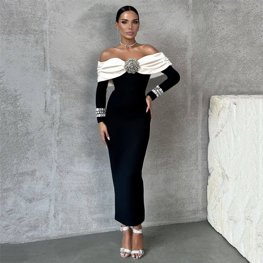 Elegant Contrast Color Heavy Industry Set Diamond Evening Dress Elegant Off-shoulder