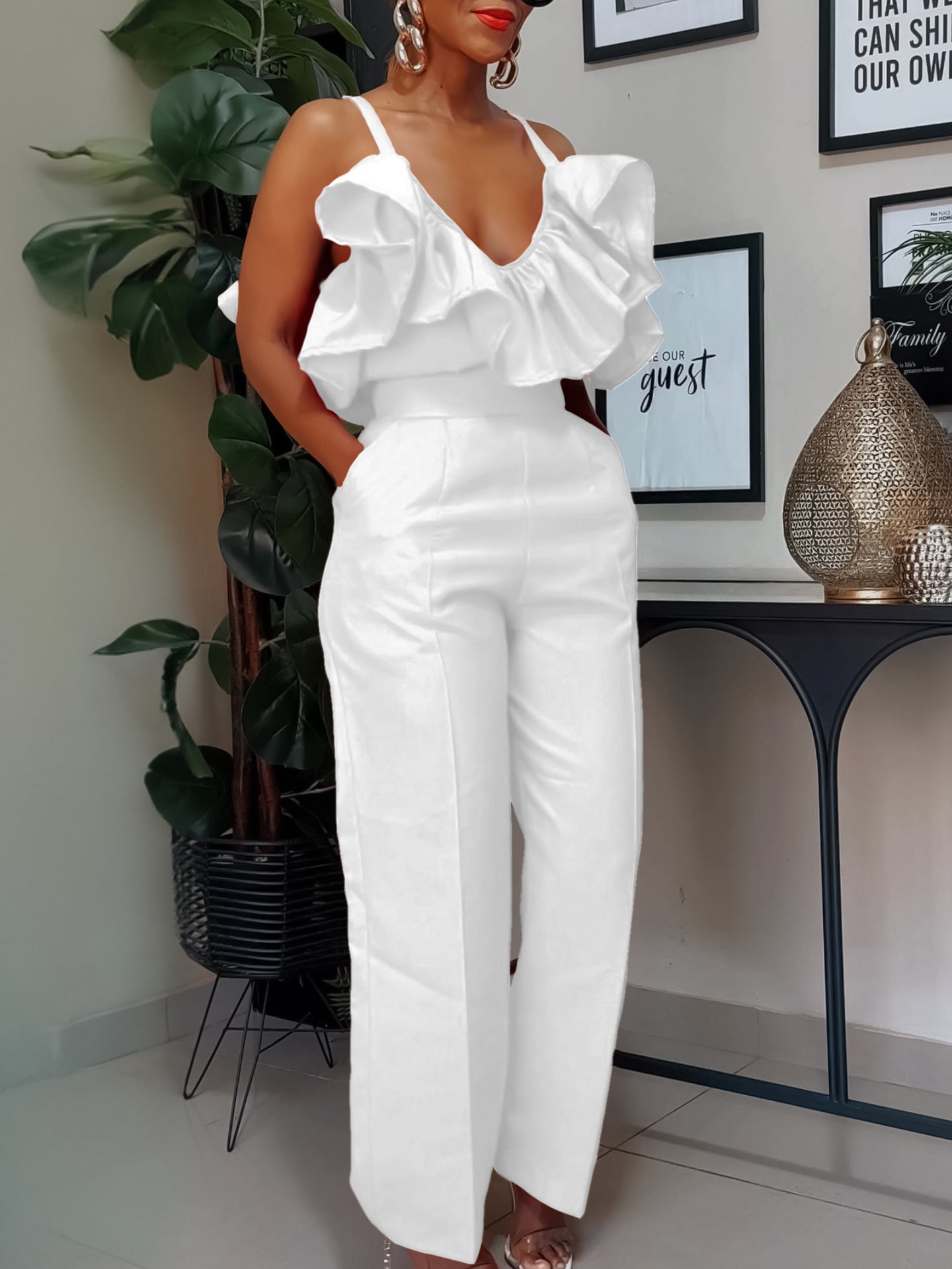 V-neck Flounce Sling Top High Waist Trousers Suit