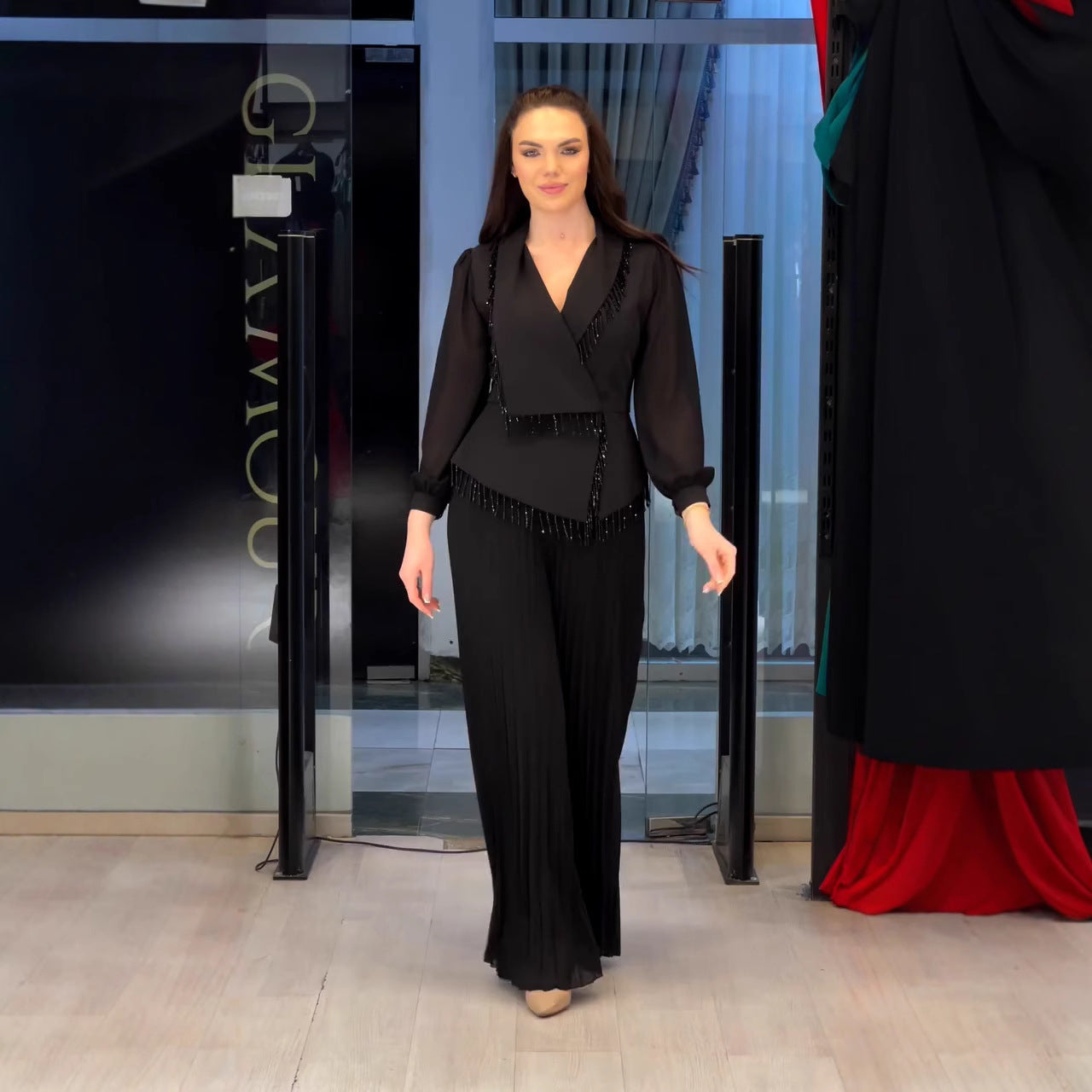 V-neck Temperamental Tassels Drawstring Slim-fit Wide Leg Pants Two-piece Set