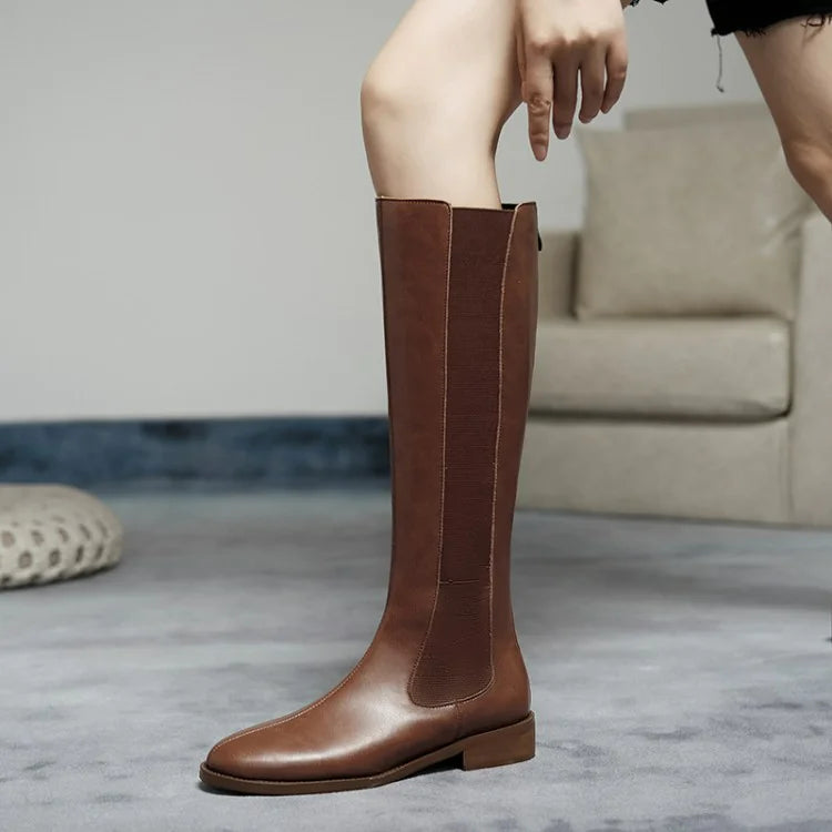 Leather High Round Toe Thick Low-heeled Brown Rider Boots