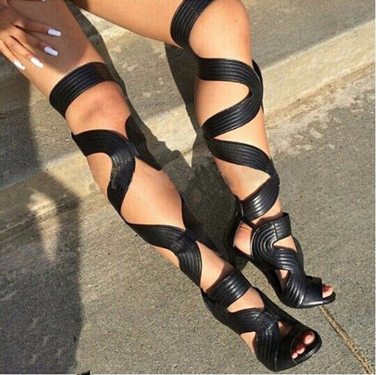 Long Stiletto Peep Toe Shoes S-type Thick Strap Sandal Boots