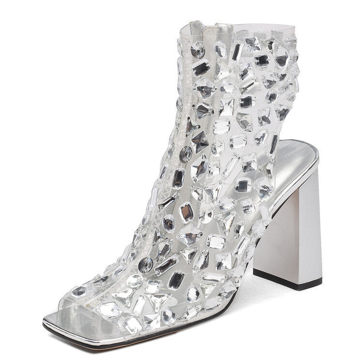 Women's Large Size Rhinestone Hollow Summer High Heel Sandal Boots