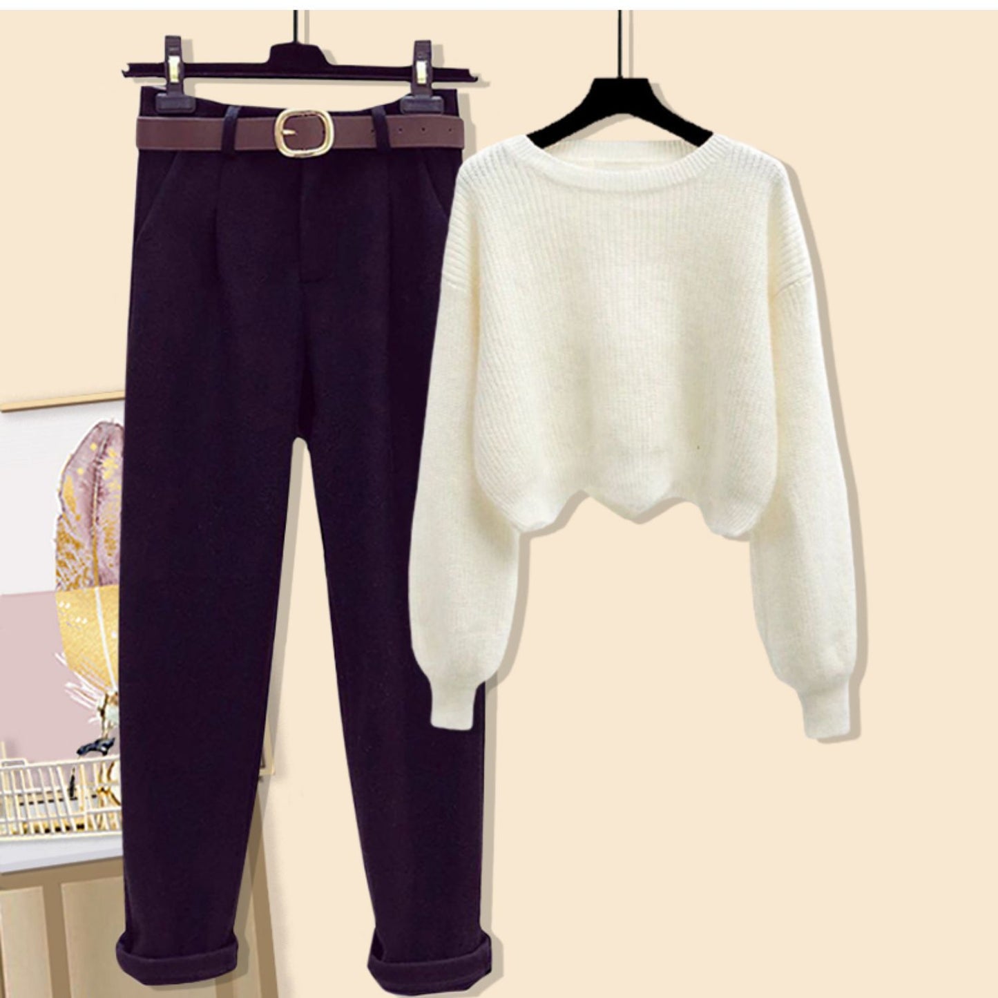 Winter Women's Woolen Coat Sweater Pants Three-piece Set