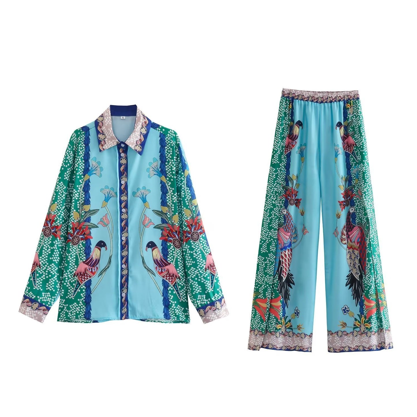 Women's Fashionable Retro Loose Positioning Printed Shirt And Trousers Suit