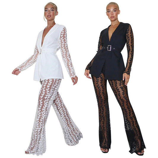 New Mesh Lace Floral Long-sleeved Top Bell-bottom Pants Suit Women Including Belt