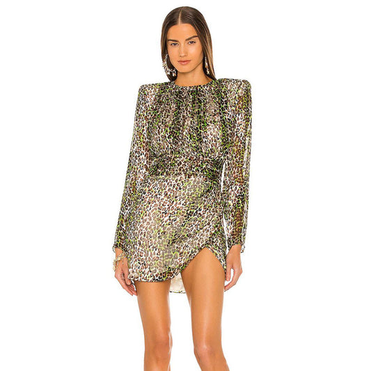 Round Neck Leopard Print Floral Long Sleeve Dress Women