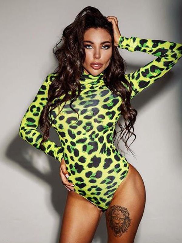 Women's New Yama Popular High Collar Long-sleeved Green Leopard Print Slim Fit Jumpsuit