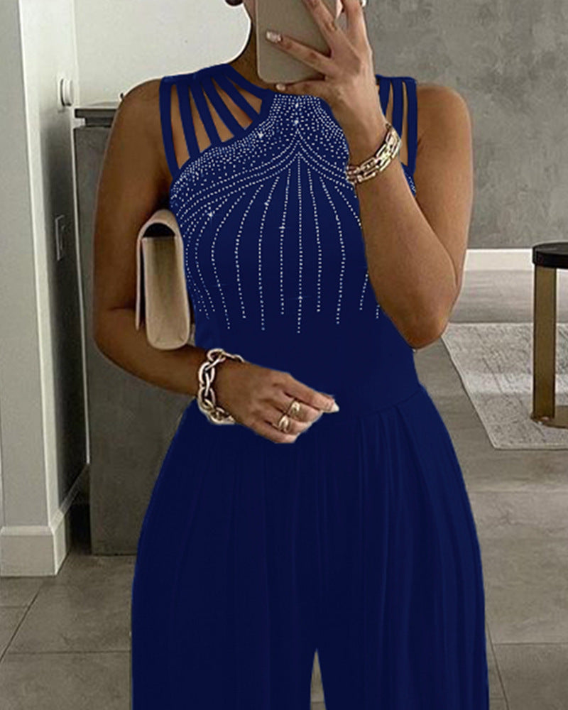 Women's Rivet Hollow Hollow Wide Leg Jumpsuit New Elegant Round Neck