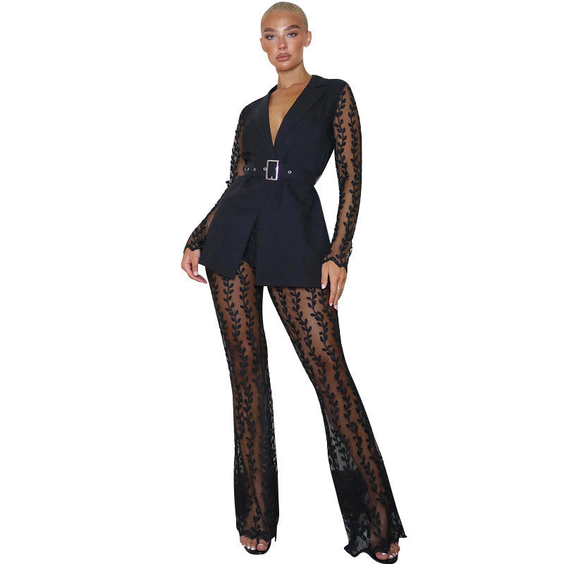 New Mesh Lace Floral Long-sleeved Top Bell-bottom Pants Suit Women Including Belt