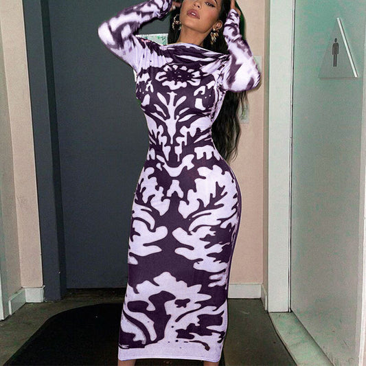 Fashion Printed Slim Fit Backless Long Sleeve Dress Women