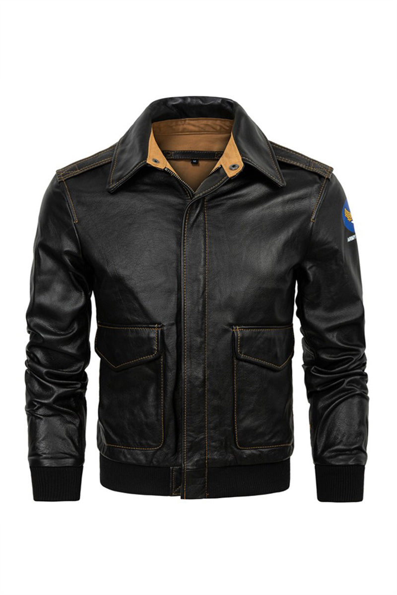 Genuine Leather Flight Jacket Baseball Uniform First Layer Cowhide Leather Men's Short Lapels Coat