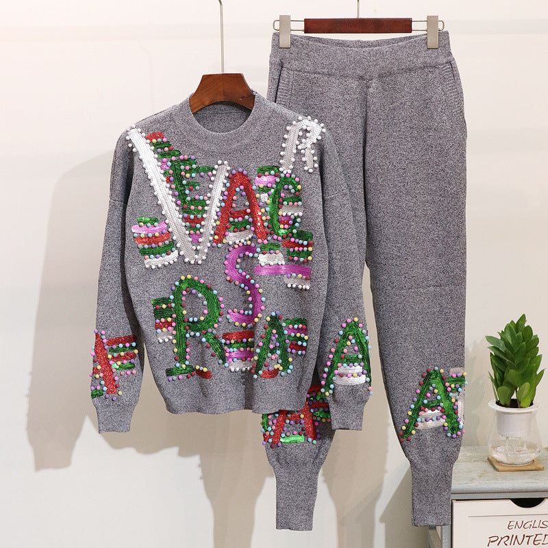 Letter Long-sleeved Knit Sweater Casual Trousers Knit Suit Women