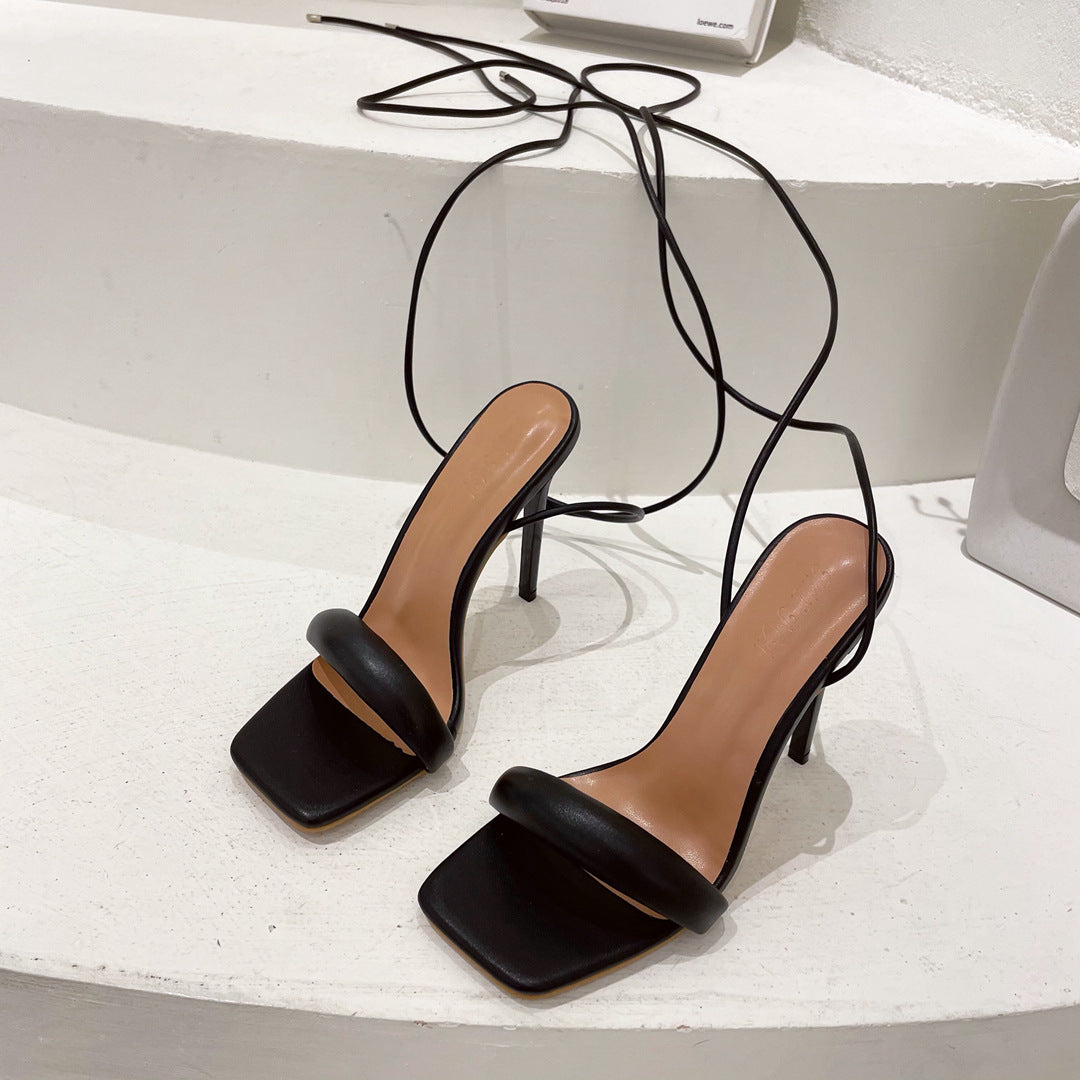 One Word Strap High Heels Square Toe Stiletto Strap Fashion Fashionable Women