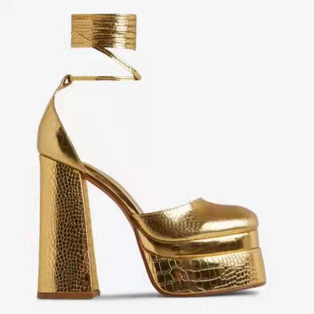 Women's Round Toe Faux Leather Rubber Buckle Solid Color Thick Heel High Heel Fashion Sandals