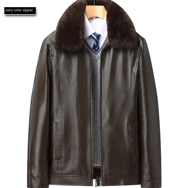 Middle-aged And Elderly Men's Leather Jacket Velvet Padded Thickened Coat Winter Leather Jacket