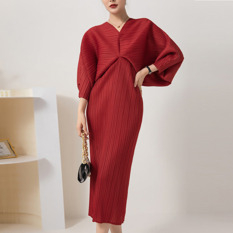 Batwing Sleeve V-neck Temperament Slimming Commuting Long Dress