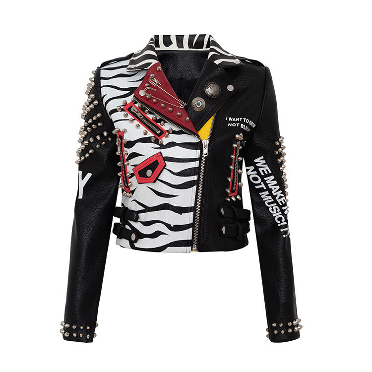 European And American Fashion Personality Graffiti Slim Leather Jacket Women