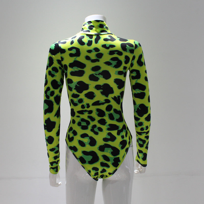 Women's New Yama Popular High Collar Long-sleeved Green Leopard Print Slim Fit Jumpsuit