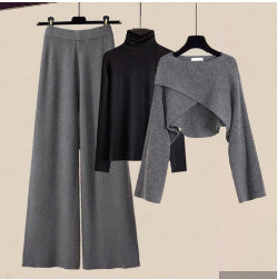 3pcs Knitted Sweater Suit With Shirt And Wide Leg Pants Autumn And Winter Suit Women