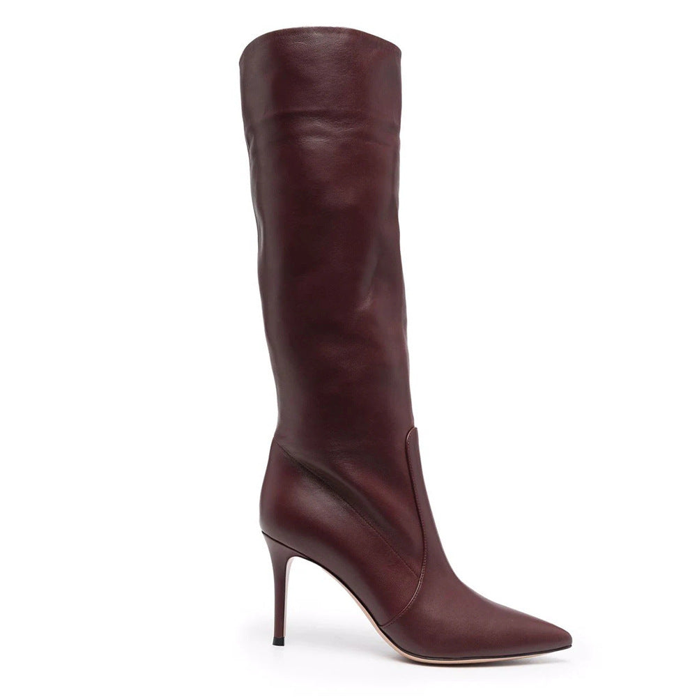 Burgundy PU Plus Size Pointed Toe Knee-length Boots