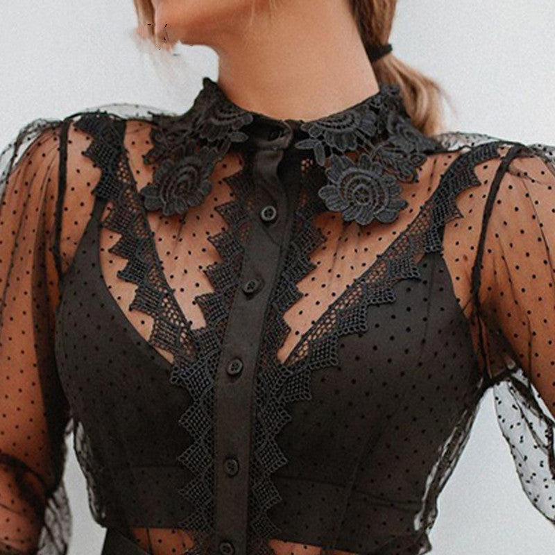 Women's Black Polka Dot Lace See-through Shirt