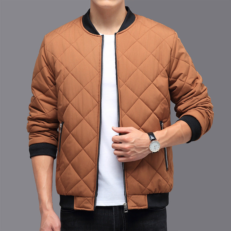 Fashion Rhombic-sewing Design Cotton Coat Winter Warm Thickened Baseball Jacket Casual Solid Color Outwear Clothing For Men