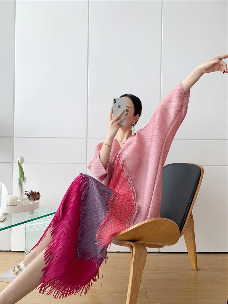 Pleated Tassel Gradient Color Dress Sanzhai Contrast Color V-neck Loose Slimming Temperament One-step Dress