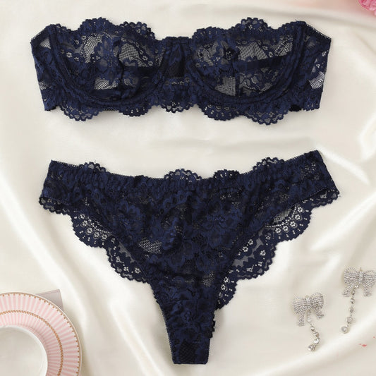 Women's Dark Blue Strap Bra Design Underwear Suit