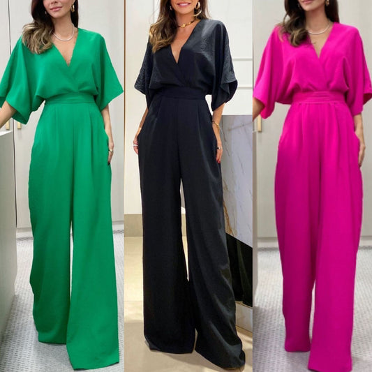 Women's V-neck Batwing Sleeve Short-sleeved Lace Up Straight Jumpsuit