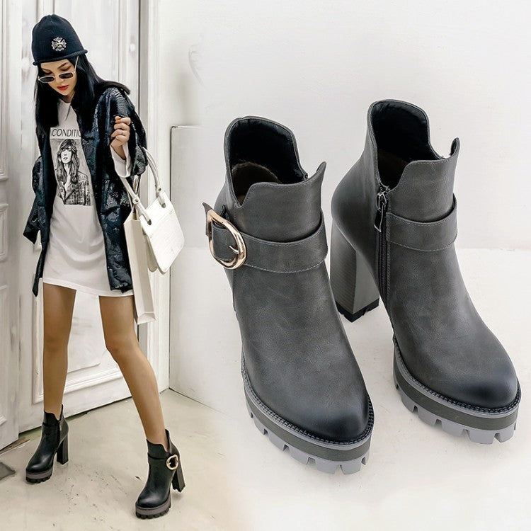 Belt Buckle Short Tube Waterproof Platform High Heel Short Women's Boots