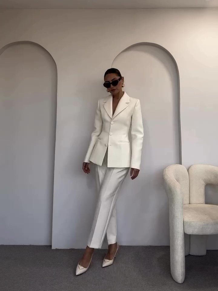 Classic Waist-cinched Blazer & High-waisted Pants White Suit