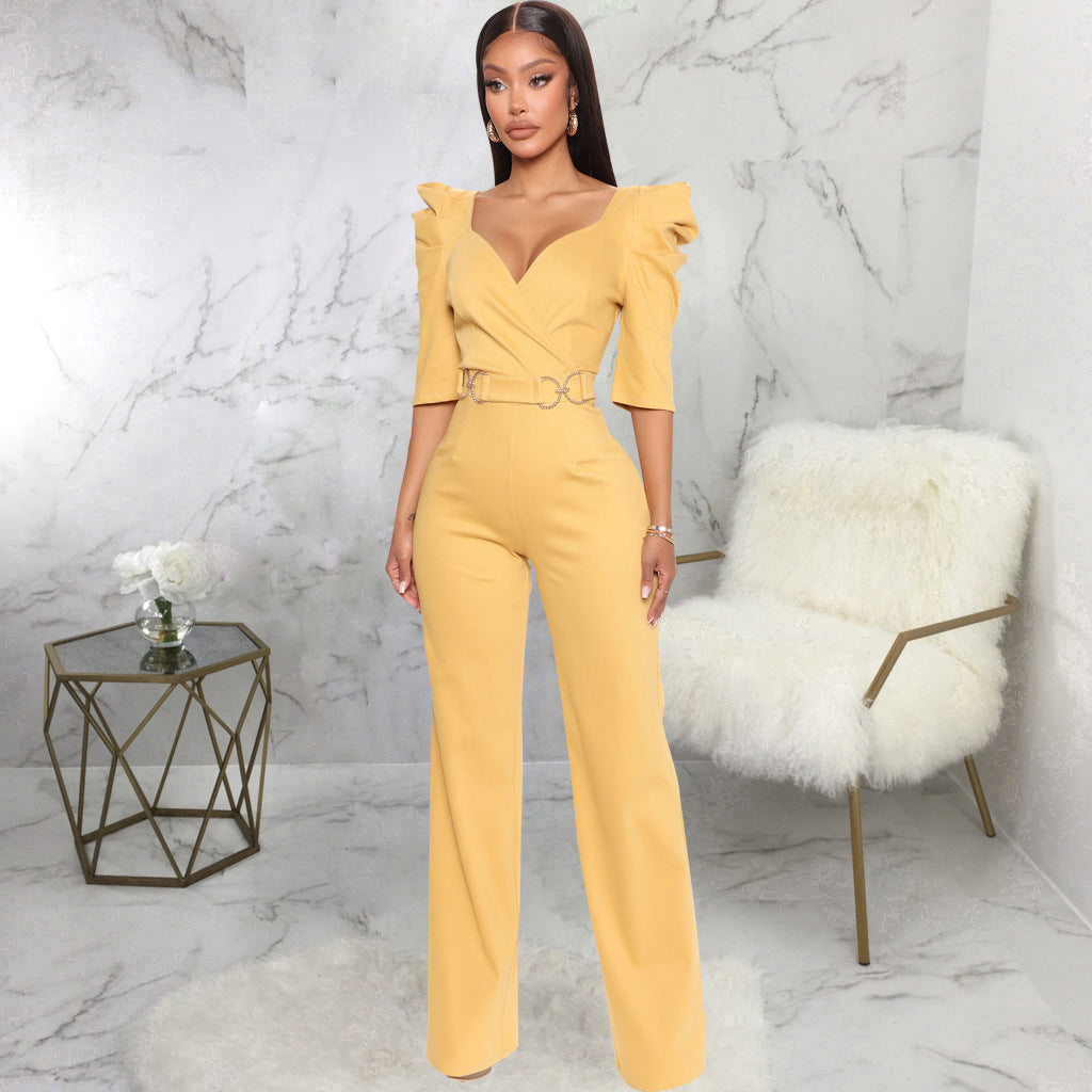 Long Sleeve Sexy V Underwear Wide Leg Jumpsuit